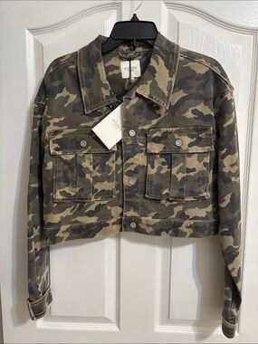 Cropped Camo Jean Jacket - Woven Denim in Olive Camo